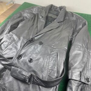 American Armor Black Leather Double Breasted Belted‎ Trench Coat Classic Style